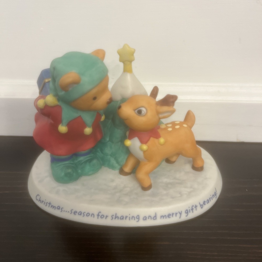 Christmas porcelain figurine bear hiding present for reindeer Hallmark MAX8163